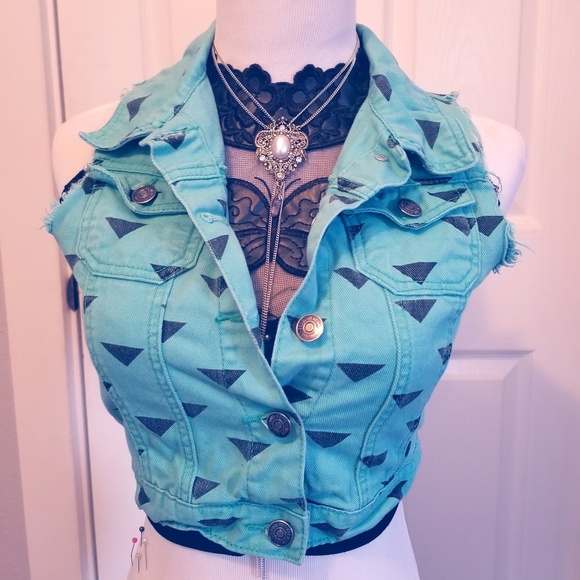Blue Denim Button Vest Triangle Print Crop Top S - Picture 1 of 3